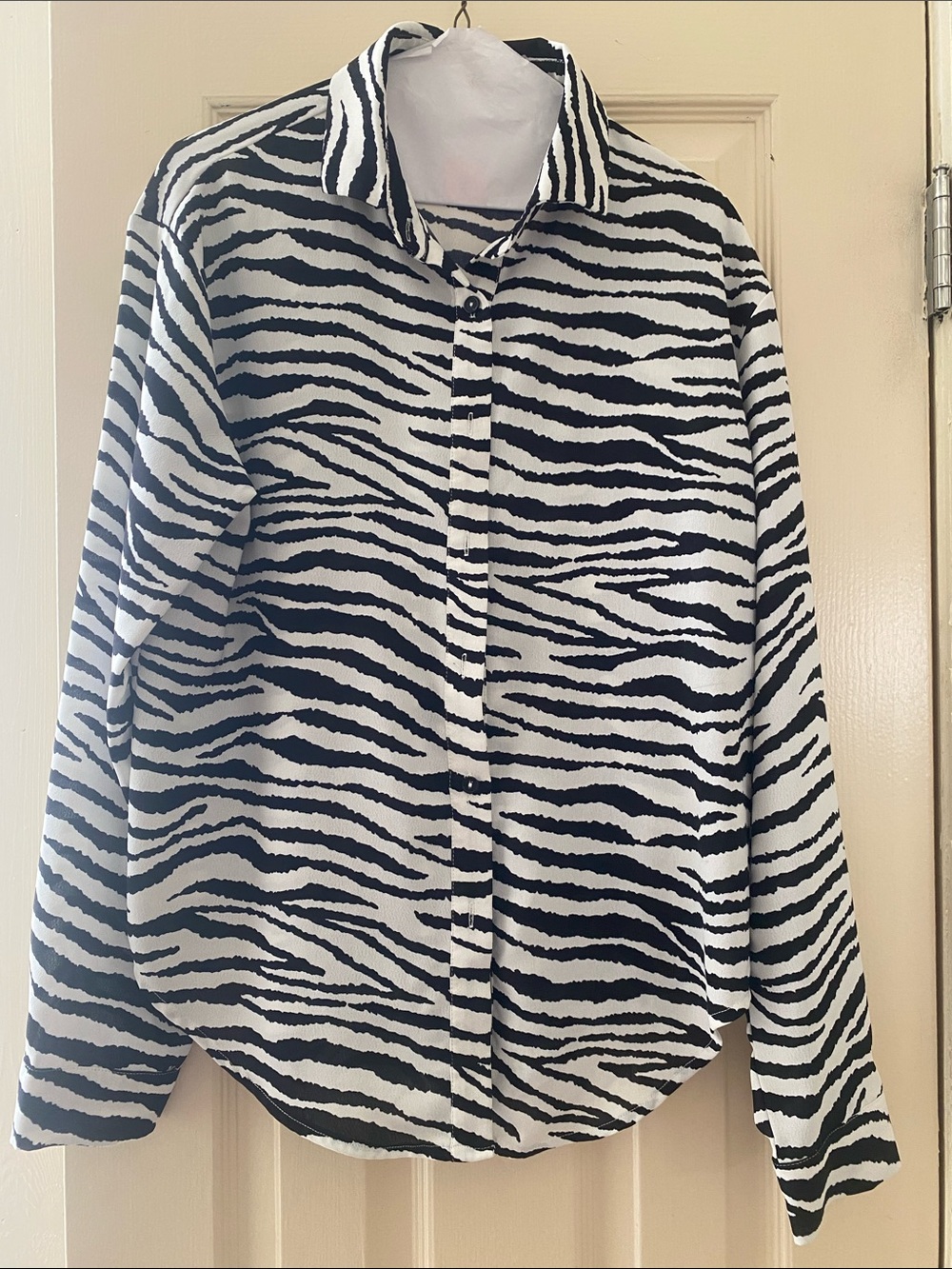 Zebra-Print Long-Sleeve Button-Up Blouse - Black & White